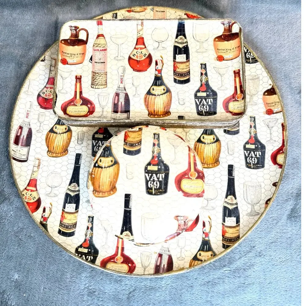 1950's Lot 18 Piece Barware Set Liquor Bottle Design Tray Plates Bottle Opener